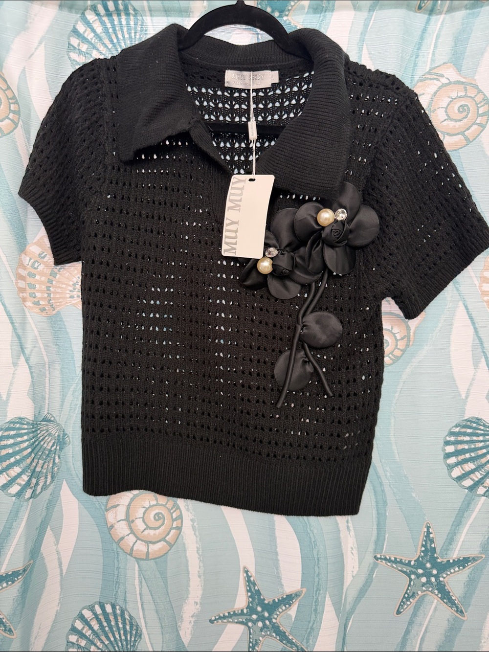 NWT Muy Muy Black Open Knit Sweater Floral Polo Top Size L